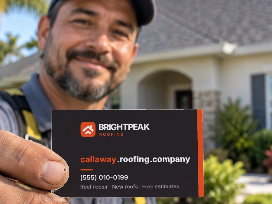 callaway.roofing.company on a roofer's business card