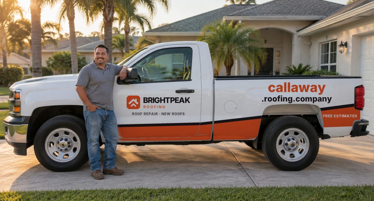 callaway.roofing.company painted on the side of a white work truck